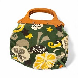 J. Crew Floral Green and Yellow Women's Bag with Wooden Handle